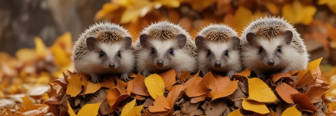 Wall Mural - Group of small hedgehogs peeking out from under a pile of golden yellow and orange autumn leaves, forest, leaf, colorful