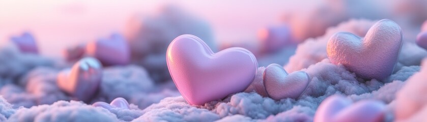 Poster - A charming display of glowing neon hearts in various sizes hovers amidst a dreamy cloudscape infused with soft gradients of pink, purple, and blue, creating a whimsical ambiance