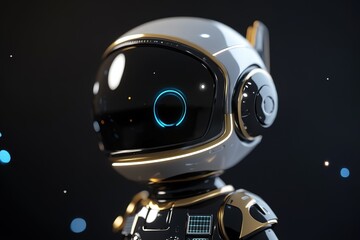 Poster - A futuristic space robot floats in a starry black-to-blue gradient, showcasing reflective gold and black finishes, neon lights, and solar panels for a stunning display of advanced tech