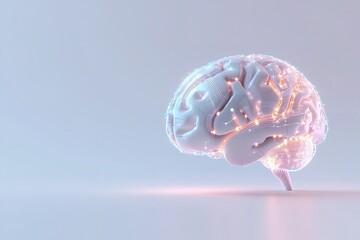 Poster - The design features a glowing brain with intricate metallic lines, softly lit in blue and purple hues, against a neutral white background, creating a sleek and modern appearance