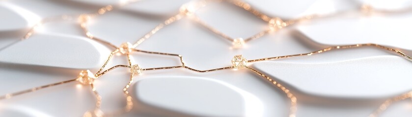 Poster - A detailed circuit pattern glows on a smooth white surface, showcasing sparkling diamond nodes connected by elegant gold veins, set against a soft pastel backdrop