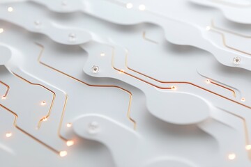 Poster - Intricate circuit patterns glow on a smooth white surface, connected by shimmering gold veins and diamond-like nodes, set against a pastel background with ample space for text and branding