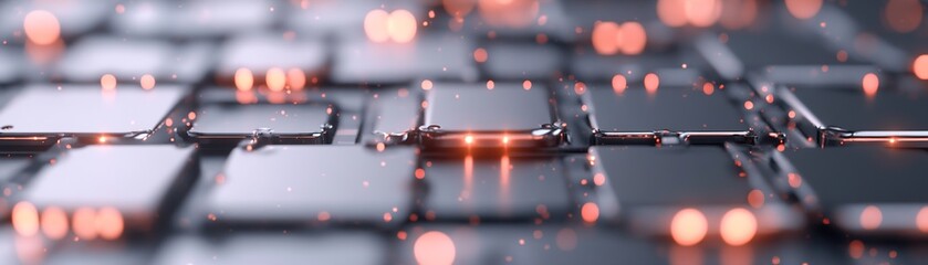 Poster - Visually striking 3D digital grid illuminated by neon orange and red nodes, surrounded by sleek metallic barriers, creating a futuristic atmosphere with ample space for text overlay