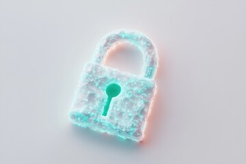 Poster - A glowing 3D lock symbol emits blue and green veins of circuitry. Set against a clean white background, it represents secure technology and innovation, with ample space for text overlay