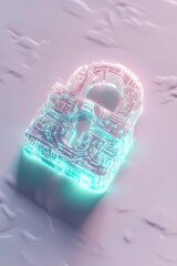 Poster - A glowing lock symbol featuring intricate vein-like circuitry in neon blue and green, set against a clean white backdrop. This high-tech design conveys security and innovation
