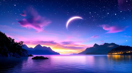 Canvas Print - Magical Tropical Night Sky with Crescent Moon Over Calm Ocean