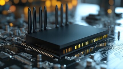 Poster - High-Tech Close-Up: A Modern Wireless Router on a Circuit Board