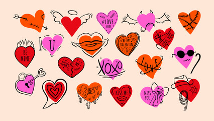Poster - Set of hand drawn Valentine's Day hearts. Doodle sticker set with text. Vector illustration
