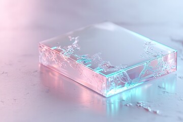 Poster - A 3D microchip glows with neon blue and green circuits, elegantly placed on a metallic surface. The clean white gradient background allows for customizable branding and text overlays