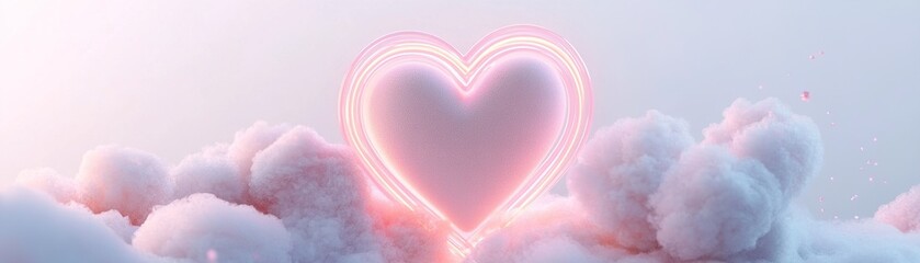 Poster - A glowing neon heart is split into two halves and gently reconnects above a dreamy pastel cloudscape with floating particles, set against a soft gradient background