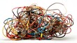 © ChrisTYCat - A complex and tangled bundle of diverse electrical wires and cables against a clean minimalist white background showcasing the intricate infrastructure of modern technology and power distribution