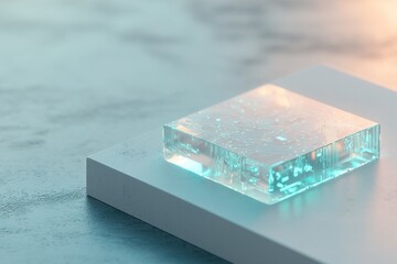 Poster - A glowing microchip showcases intricate circuit patterns in neon blue and green tones. It rests on a sleek metallic surface against a clean white gradient background, ideal for branding