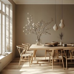 Wall Mural - A Scandinavian dining room with light wood furniture, neutral tones, and minimalist decor.