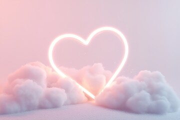 Poster - A glowing neon heart is softly reconnecting, suspended above a pastel cloudscape filled with sparkling particles against a smooth white-to-pink gradient background, creating a romantic scene