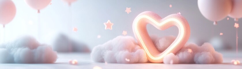 Poster - A glowing neon heart hovers above soft pastel clouds, surrounded by vibrant cartoon-style stars and balloons. The clean white background adds a joyful and playful touch