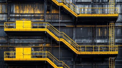 Aufkleber - Colorful yellow balconies ascend an industrial building, creating a striking visual impact. The structure's weathered exterior adds character, highlighting urban life in a unique setting