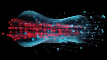 Data stream flowing, digital particles, dark background, technology concept