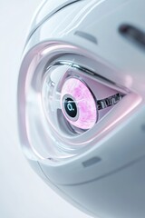 Poster - A 3D robotic eye showcases a metallic design with glowing neon teal and purple accents. It radiates energy, surrounded by abstract lines and particles, emphasizing technology and innovation
