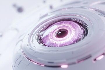 Poster - Featuring a sleek, glowing robotic eye with a metallic finish, this design emits vibrant neon hues of teal and purple, surrounded by ethereal lines and particles against a neutral backdrop