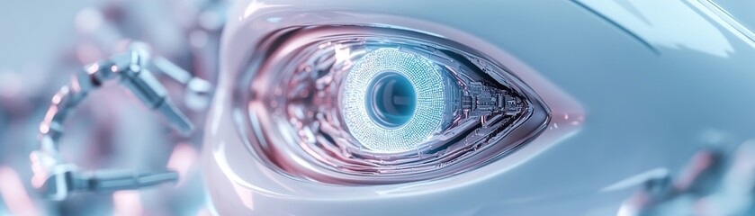 Poster - A glowing 3D robotic eye features a sleek metallic finish, emitting neon teal and purple light. It is set against a neutral white background, creating an intelligent and modern visual appeal