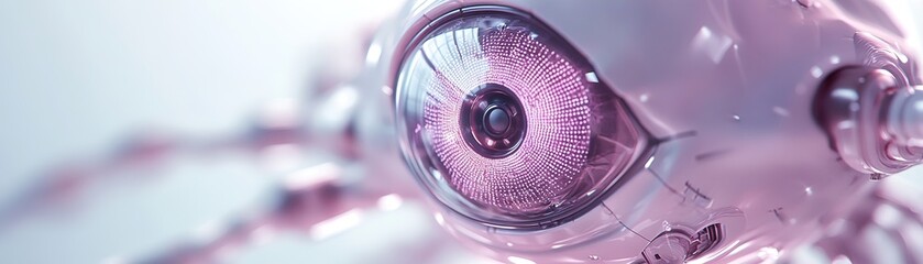 Poster - This glowing 3D robotic eye features a sleek metallic finish and emits vibrant neon teal and purple lights. Abstract lines and particles enhance its intelligent design against a white background
