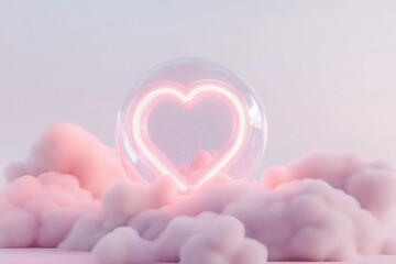 Poster - A glowing neon heart rests inside a translucent bubble, gently floating above soft pink clouds. Surrounding particles shimmer against the clean gradient backdrop, creating a dreamy atmosphere