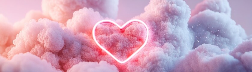 Poster - A neon heart glows in pink and red, suspended in soft, fluffy clouds. The dreamy gradient background transitions from pink to purple with subtle light particles, creating a romantic atmosphere