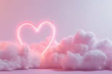 Poster - A glowing neon heart radiates in pink and red, gently suspended among soft, fluffy clouds. The backdrop transitions from pink to purple with subtle light particles, creating a romantic atmosphere