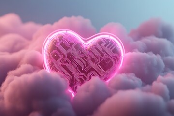 Poster - A vibrant neon heart composed of intricate circuit patterns shines brightly, surrounded by fluffy clouds and light particles, set against a dark gradient backdrop