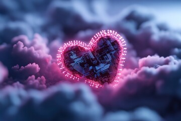 Poster - The design features a vibrant neon heart formed by intricate circuit patterns, resting among soft 3D clouds. Light particles enhance the futuristic ambiance against a dark gradient
