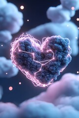 Poster - A vibrant neon heart made of interconnected circuits glows softly, framed by fluffy clouds filled with floating light particles, creating a stunning futuristic visual effect