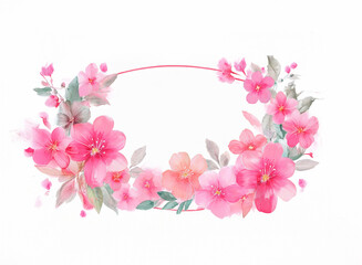 Canvas Print - Delicate watercolor floral wreath in soft pink and peach hues.  Perfect for invitations or decorations. The oval frame is adorned with blossoms and leaves.