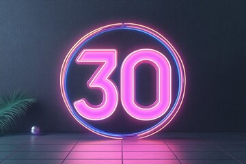 Poster - A glowing neon number 30 is highlighted by vibrant neon lines and geometric shapes. The dark gradient background features retro grid patterns, creating a fun and nostalgic atmosphere