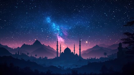 Poster - Majestic Mosque under a Starry Sky: A Pixel Art Landscape