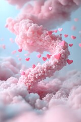 Poster - A vibrant spiral of neon hearts in pink and red ascends gracefully from a fluffy cloud base, creating a whimsical atmosphere perfect for romantic themes. Soft gradients enhance the dreamy feel
