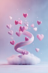 Poster - A radiant spiral of pink and red neon hearts rises from a fluffy cloud base against a dreamy gradient backdrop, perfect for artistic text overlay and imaginative projects