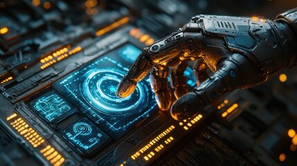 Poster - Robotic Hand Interacting with Futuristic Digital Interface: A Glowing Blue Energy Pattern Activates on a Complex Technological Circuitry Backdrop