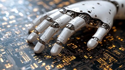 Poster - Robotic Hand Interacting with Glowing Circuit Board: A Futuristic Vision of Artificial Intelligence and Technological Advancement