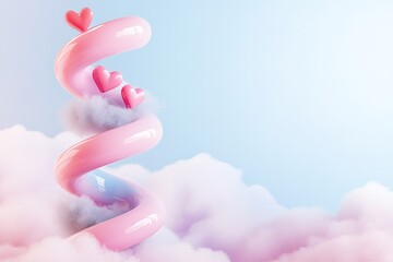 Poster - A vibrant spiral of neon hearts in pink, red, and blue glows brightly, emerging from fluffy 3D clouds on a smooth white gradient background, inviting creativity and joy