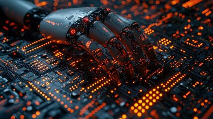Poster - Robotic Hand Interacting with Illuminated Circuit Board: A Futuristic Technological Scene
