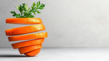 Wall Mural - A photostock of a bright orange carrot creatively sliced and floating on a light background, showcasing freshness and healthy eating. High Quality