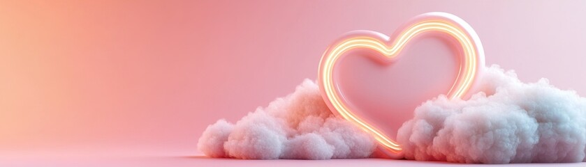 Poster - A vibrant neon heart radiates warmth, encircled by fluffy pastel clouds against a soothing pink gradient. This setup creates an inviting atmosphere ideal for cheerful messages