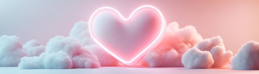 Poster - A large heart-shaped cloud softly glows with a neon pink outline, surrounded by smaller clouds in a serene pastel gradient background, creating a whimsical and modern feel