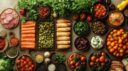 Canvas Print - Vibrant display of fresh ingredients including vegetables, meats, and spices arranged artistically