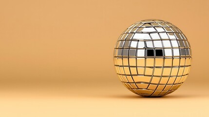 Poster - A photostock of a sparkling silver disco ball with soft reflections, placed on a beige background, representing retro parties and celebrations. High Quality