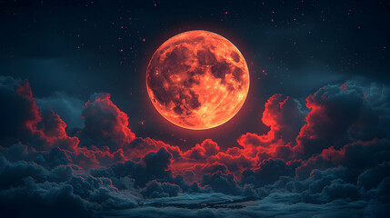 Blood moon rising above dark clouds at night; celestial event, mystical background, fantasy art