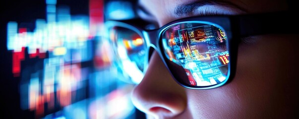 Aufkleber - A close-up of a person wearing glasses, reflecting vibrant digital data and city lights, suggesting technology and innovation.