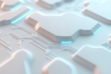 Poster - Smooth white surface adorned with intricate circuit patterns that glow softly in blue, providing ample space for branding or text overlay in a sleek and modern aesthetic