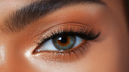 Close-up of a woman's eye with long thick lashes and glowing makeup