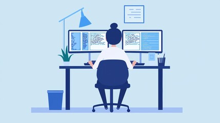 Aufkleber - A person seated at a desk with dual monitors, working on a computer in a bright, minimalistic workspace with plants and a desk lamp.